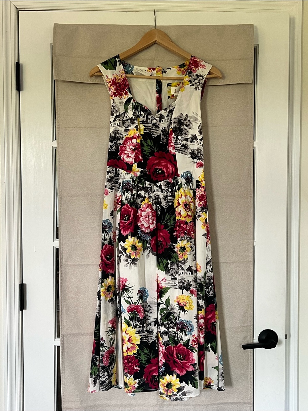 Anthropologie White Maxi Dress with Red & Yellow Floral Print